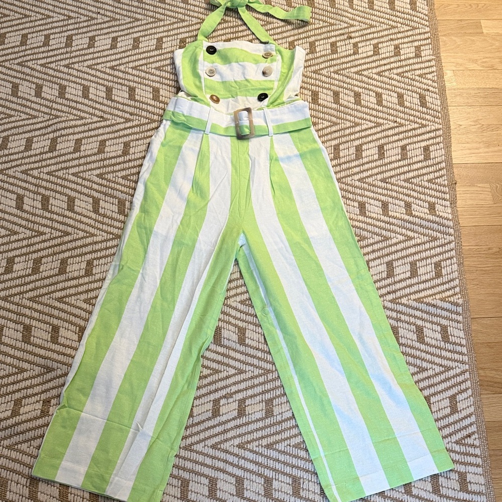 Moon River Lime Green and White Striped Halter Jumpsuit with Belt